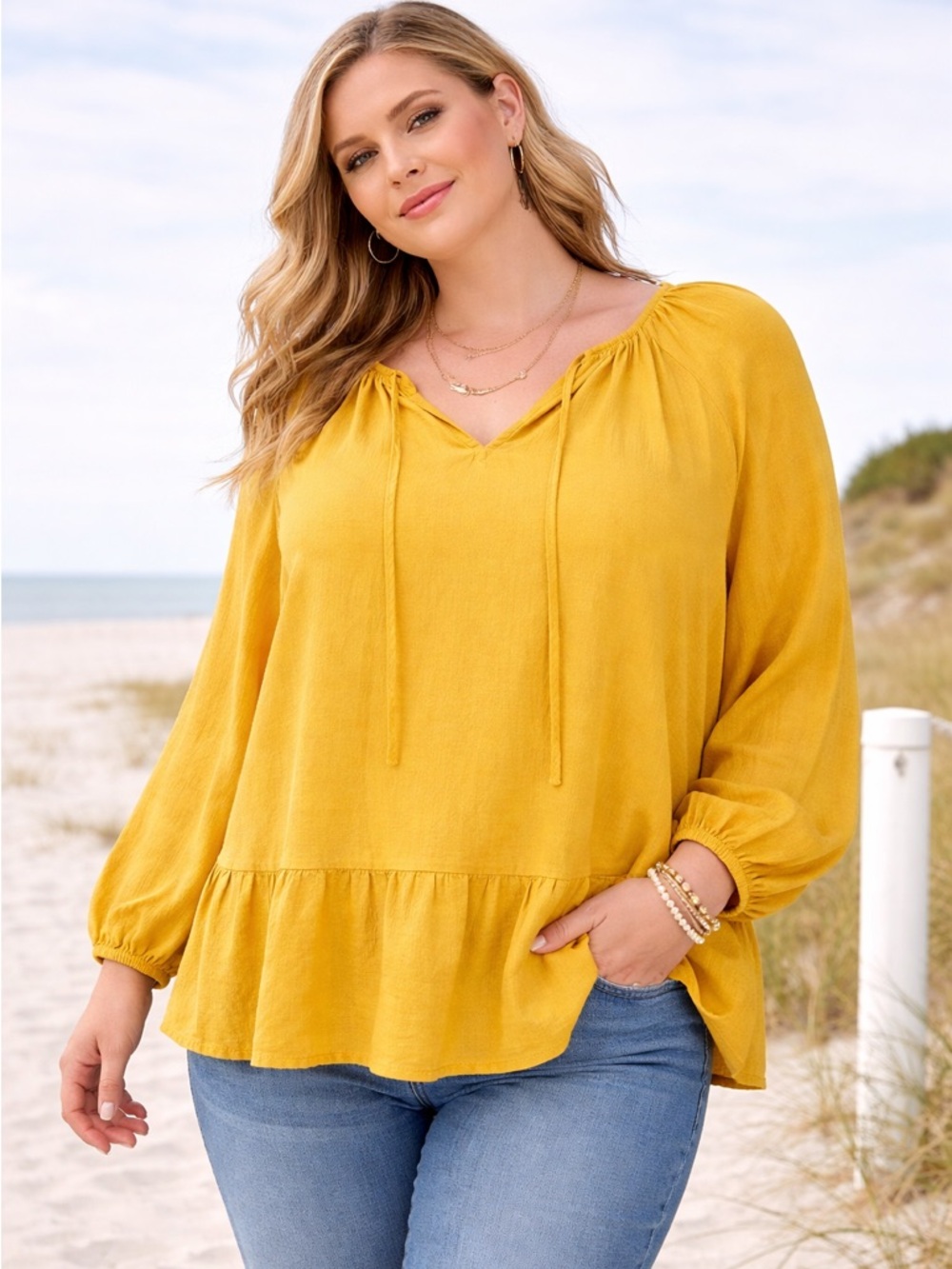 Old Navy Top Women XXL Marigold Yellow Long Sleeve Boho Swing Blouse Peasant